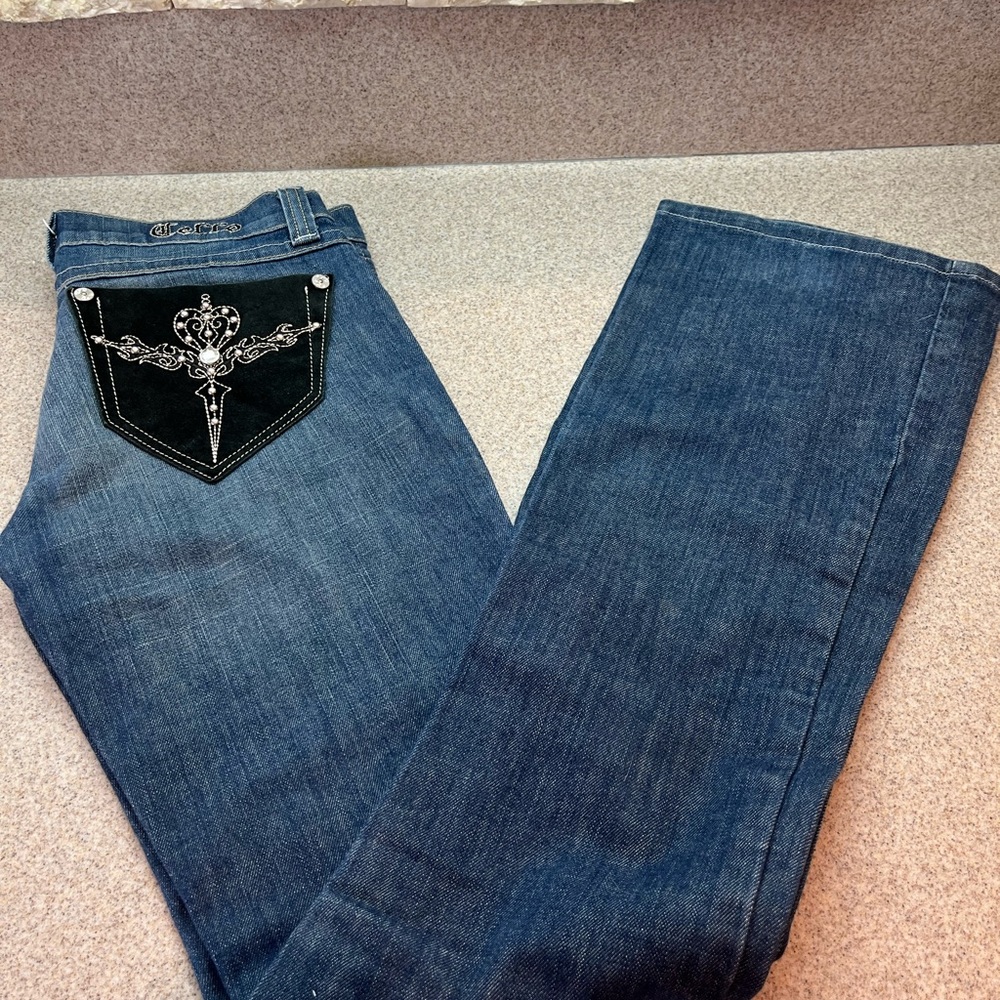 Cello Jean Blue Denim Bootcut Women’s Size 7 Black Suede Pocket w/Crystals